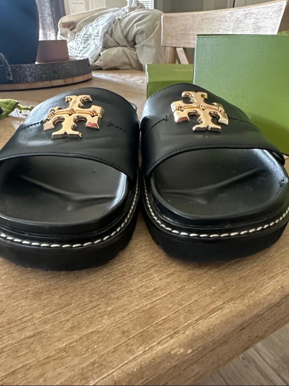 Tory Burch Black Leather Slide Sandals with Gold Logo Accent - Picture 10 of 10